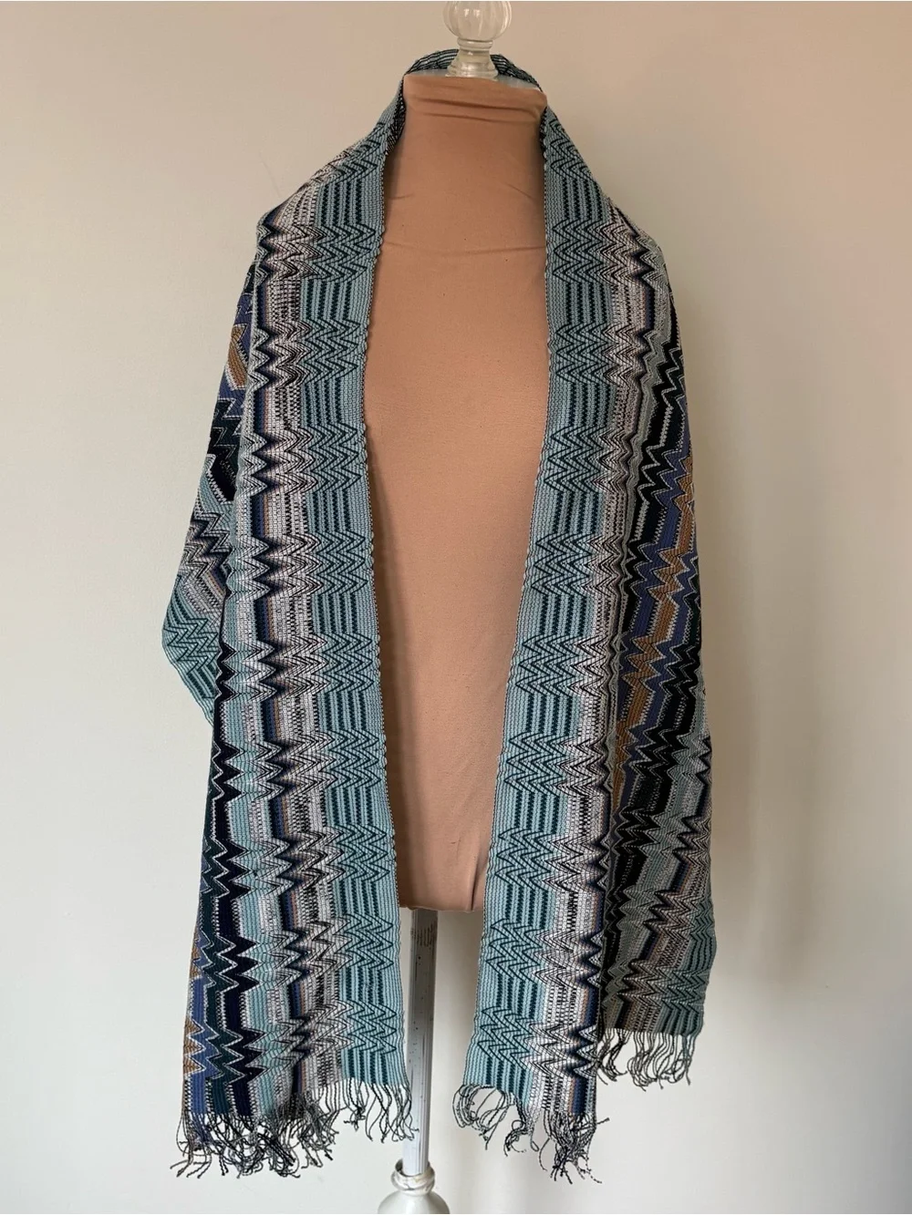 Missoni Wool ZigZag Patterned Blue Multi Fringe Edge Wrap Scarf NWOT 72.5”x16”